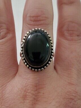 Oval Black Stone Sterling Silver Beaded Ring